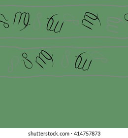Seamless horizontal pattern of zodiac signs, doodles, object,virgo,lions, stripes, copy space. Hand drawn.