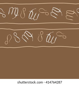 Seamless horizontal pattern of zodiac signs, doodles, object,virgo,lions, stripes, copy space. Hand drawn.
