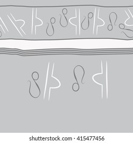Seamless horizontal pattern of zodiac signs, doodles, object,libra,lions,stripes, copy space. Hand drawn.
