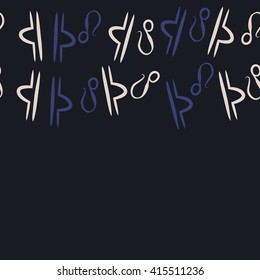 Seamless horizontal pattern of zodiac signs, doodles, object,libra,lions, copy space. Hand drawn.