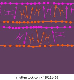 Seamless  horizontal pattern of zodiac signs, doodles, object,pisces,scorpio,stripes, copy space. Hand drawn.