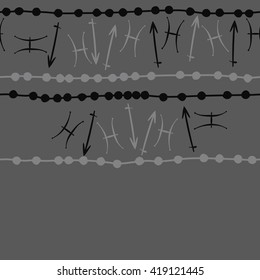 Seamless  horizontal pattern of zodiac signs, doodles, object,pisces,scorpio,stripes, copy space. Hand drawn.