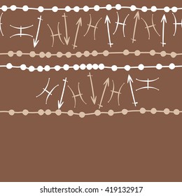 Seamless  horizontal pattern of zodiac signs, doodles, object,pisces,scorpio,stripes, copy space. Hand drawn.