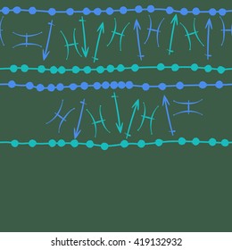 Seamless  horizontal pattern of zodiac signs, doodles, object,pisces,scorpio,stripes, copy space. Hand drawn.
