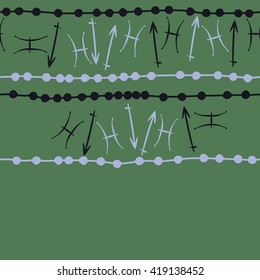 Seamless  horizontal pattern of zodiac signs, doodles, object,pisces,scorpio,stripes, copy space. Hand drawn.