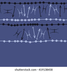 Seamless  horizontal pattern of zodiac signs, doodles, object,pisces,scorpio,stripes, copy space. Hand drawn.