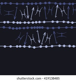 Seamless  horizontal pattern of zodiac signs, doodles, object,pisces,scorpio,stripes, copy space. Hand drawn.