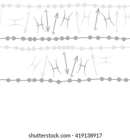 Seamless  horizontal pattern of zodiac signs, doodles, object,pisces,scorpio,stripes, copy space. Hand drawn.