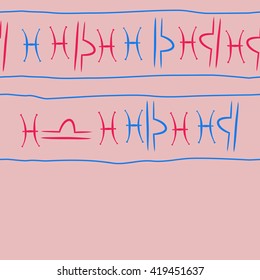 Seamless horizontal pattern of zodiac signs, doodles, object,pisces,libra, copy space. Hand drawn.
