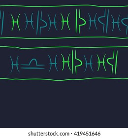 Seamless horizontal pattern of zodiac signs, doodles, object,pisces,libra, copy space. Hand drawn.