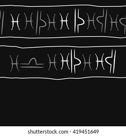 Seamless horizontal pattern of zodiac signs, doodles, object,pisces,libra, copy space. Hand drawn.