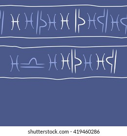 Seamless horizontal pattern of zodiac signs, doodles, object,pisces,libra, copy space. Hand drawn.