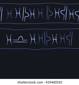 Seamless horizontal pattern of zodiac signs, doodles, object,pisces,libra, copy space. Hand drawn.