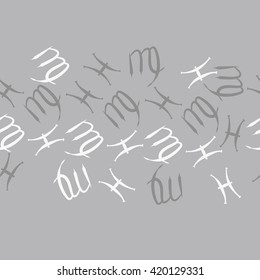 Seamless horizontal pattern of zodiac signs, doodles, object,pisces,virgo, copy space. Hand drawn.