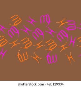 Seamless horizontal pattern of zodiac signs, doodles, object,pisces,virgo, copy space. Hand drawn.