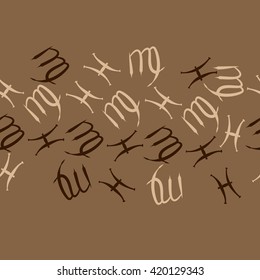 Seamless horizontal pattern of zodiac signs, doodles, object,pisces,virgo, copy space. Hand drawn.