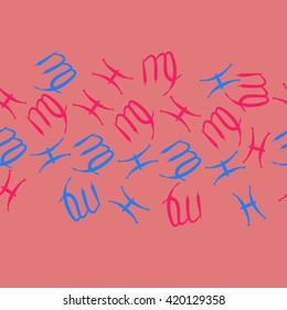 Seamless horizontal pattern of zodiac signs, doodles, object,pisces,virgo, copy space. Hand drawn.