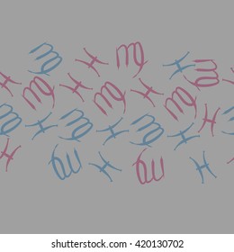 Seamless horizontal pattern of zodiac signs, doodles, object,pisces,virgo, copy space. Hand drawn.