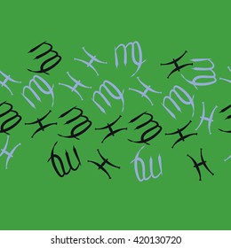 Seamless horizontal pattern of zodiac signs, doodles, object,pisces,virgo, copy space. Hand drawn.