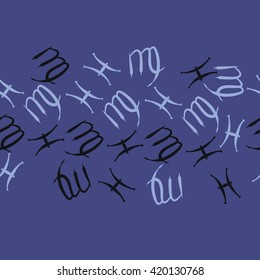Seamless horizontal pattern of zodiac signs, doodles, object,pisces,virgo, copy space. Hand drawn.