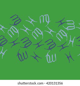 Seamless horizontal pattern of zodiac signs, doodles, object,pisces,virgo, copy space. Hand drawn.