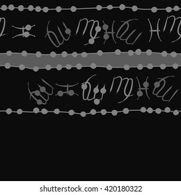 Seamless horizontal pattern of zodiac signs, doodles, object,pisces,virgo,stripes, spot, copy space. Hand drawn.