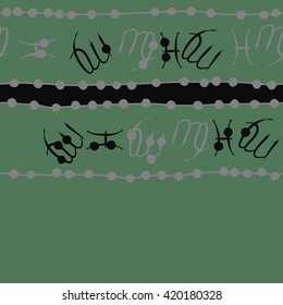 Seamless horizontal pattern of zodiac signs, doodles, object,pisces,virgo,stripes, spot, copy space. Hand drawn.