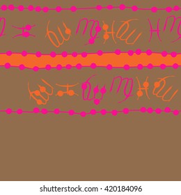 Seamless horizontal pattern of zodiac signs, doodles, object,pisces,virgo,stripes, spot, copy space. Hand drawn.