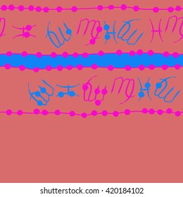 Seamless horizontal pattern of zodiac signs, doodles, object,pisces,virgo,stripes, spot, copy space. Hand drawn.