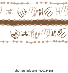 Seamless horizontal pattern of zodiac signs, doodles, object,pisces,virgo,stripes, spot, copy space. Hand drawn.