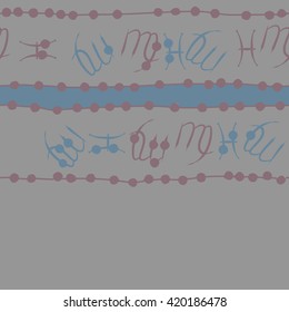 Seamless horizontal pattern of zodiac signs, doodles, object,pisces,virgo,stripes, spot, copy space. Hand drawn.