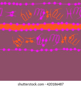 Seamless horizontal pattern of zodiac signs, doodles, object,pisces,virgo,stripes, spot, copy space. Hand drawn.