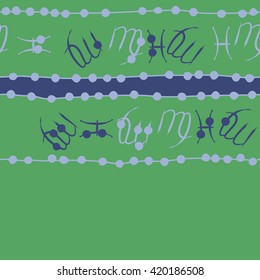 Seamless horizontal pattern of zodiac signs, doodles, object,pisces,virgo,stripes, spot, copy space. Hand drawn.