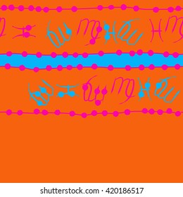 Seamless horizontal pattern of zodiac signs, doodles, object,pisces,virgo,stripes, spot, copy space. Hand drawn.