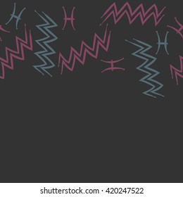 Seamless horizontal pattern of zodiac signs, doodles, object,pisces,aquarius, copy space. Hand drawn.