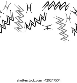 Seamless horizontal pattern of zodiac signs, doodles, object,pisces,aquarius, copy space. Hand drawn.