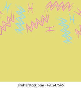 Seamless horizontal pattern of zodiac signs, doodles, object,pisces,aquarius, copy space. Hand drawn.