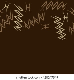 Seamless horizontal pattern of zodiac signs, doodles, object,pisces,aquarius, copy space. Hand drawn.