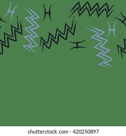 Seamless horizontal pattern of zodiac signs, doodles, object,pisces,aquarius, copy space. Hand drawn.