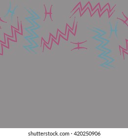 Seamless horizontal pattern of zodiac signs, doodles, object,pisces,aquarius, copy space. Hand drawn.