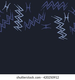 Seamless horizontal pattern of zodiac signs, doodles, object,pisces,aquarius, copy space. Hand drawn.