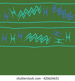 Seamless horizontal pattern  of zodiac signs, doodles, object,pisces,aquarius, stripes,  copy space. Hand drawn.