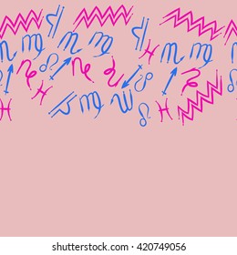 Seamless horizontal  pattern  of zodiac signs, doodles, object,pisces,aquarius,capricorn,virgo,sagittarius,scorpio,libra, lion, copy space. Hand drawn.