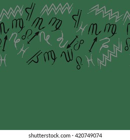 Seamless horizontal  pattern  of zodiac signs, doodles, object,pisces,aquarius,capricorn,virgo,sagittarius,scorpio,libra, lion, copy space. Hand drawn.