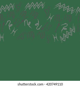 Seamless horizontal  pattern  of zodiac signs, doodles, object,pisces,aquarius,capricorn,virgo,sagittarius,scorpio,libra, lion, copy space. Hand drawn.