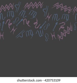 Seamless horizontal  pattern  of zodiac signs, doodles, object,pisces,aquarius,capricorn,virgo,sagittarius,scorpio,libra, lion, copy space. Hand drawn.