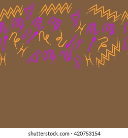 Seamless horizontal  pattern  of zodiac signs, doodles, object,pisces,aquarius,capricorn,virgo,sagittarius,scorpio,libra, lion, copy space. Hand drawn.