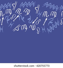 Seamless horizontal  pattern  of zodiac signs, doodles, object,pisces,aquarius,capricorn,virgo,sagittarius,scorpio,libra, lion, copy space. Hand drawn.