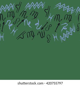 Seamless horizontal  pattern  of zodiac signs, doodles, object,pisces,aquarius,capricorn,virgo,sagittarius,scorpio,libra, lion, copy space. Hand drawn.