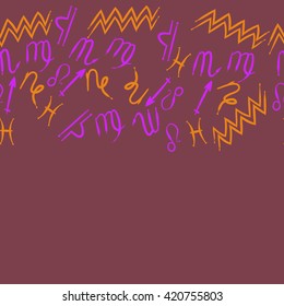 Seamless horizontal  pattern  of zodiac signs, doodles, object,pisces,aquarius,capricorn,virgo,sagittarius,scorpio,libra, lion, copy space. Hand drawn.
